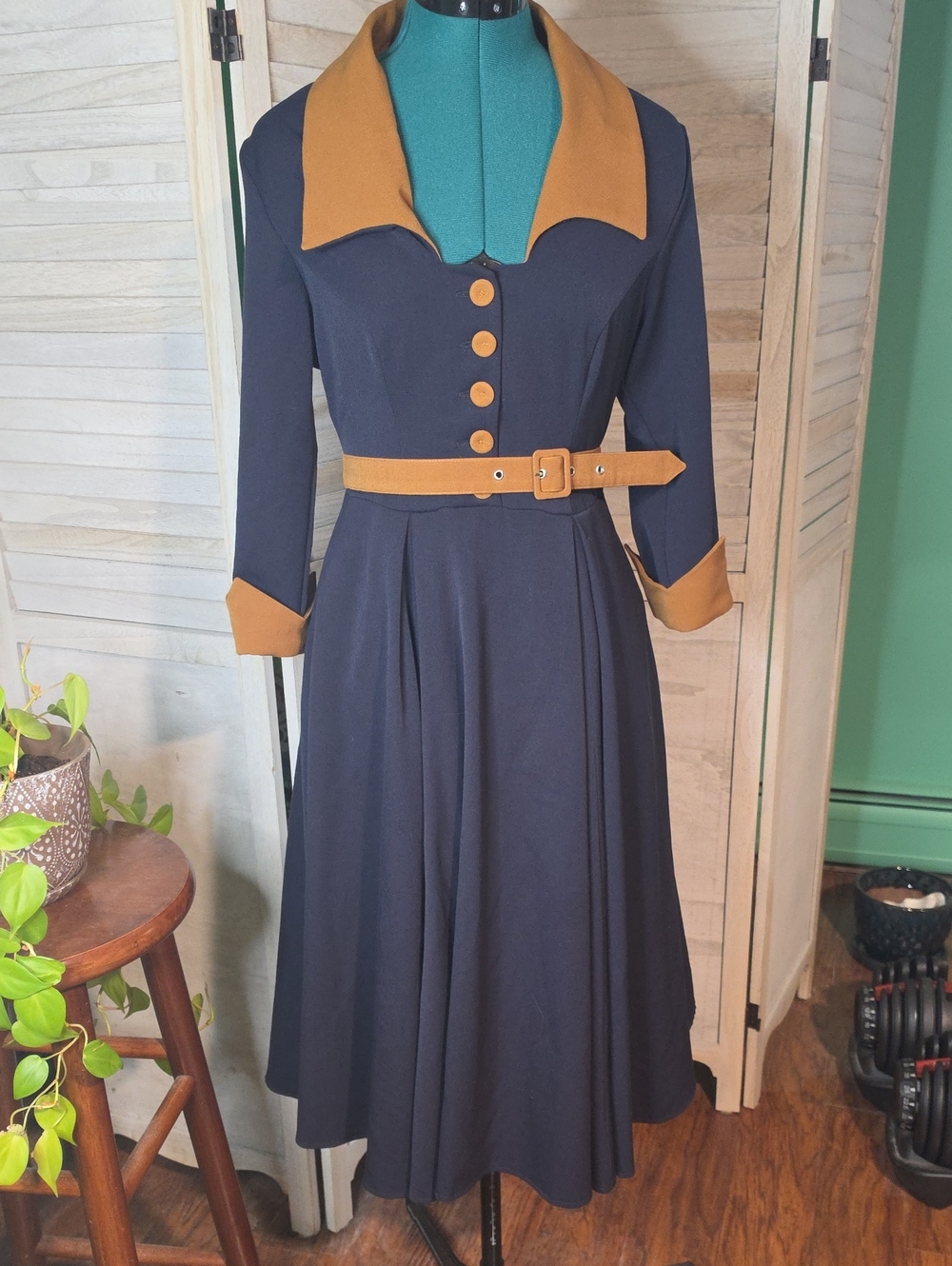 Miss Candyfloss Navy Copper Collared Swing Dress M Belted Retro Pinup Pockets
